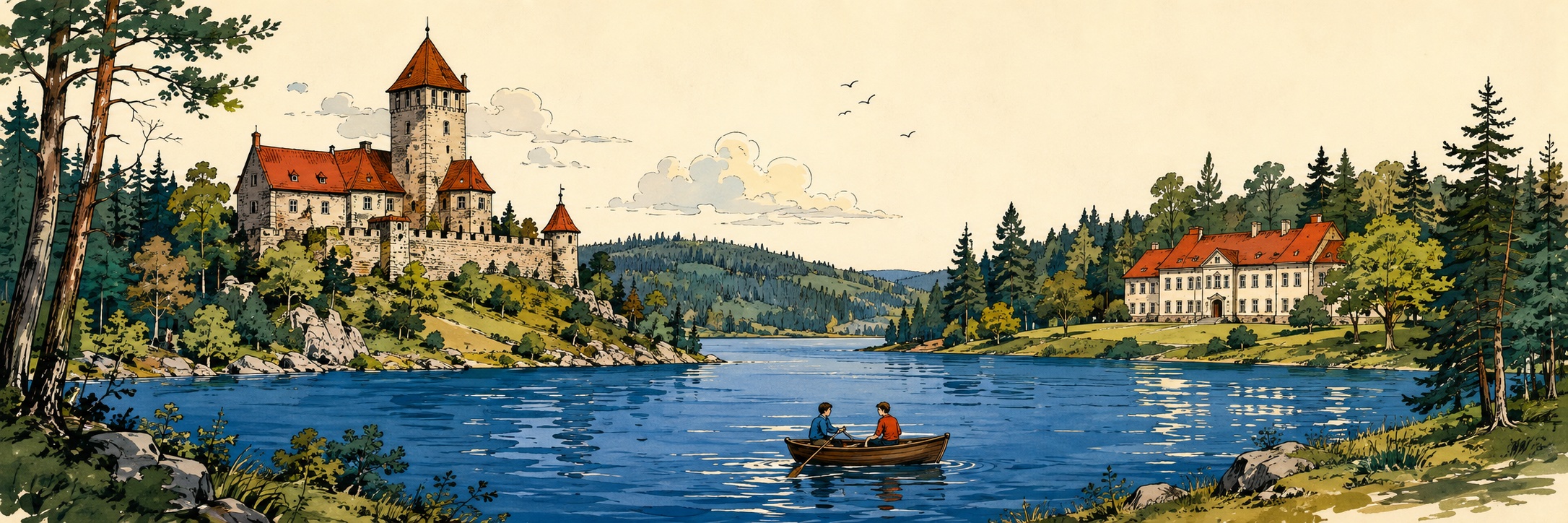 Freie Illustration: eine Burg mit roten Dächern am See, ein Ruderboot und ein Schloss am gegenüberliegenden Ufer.